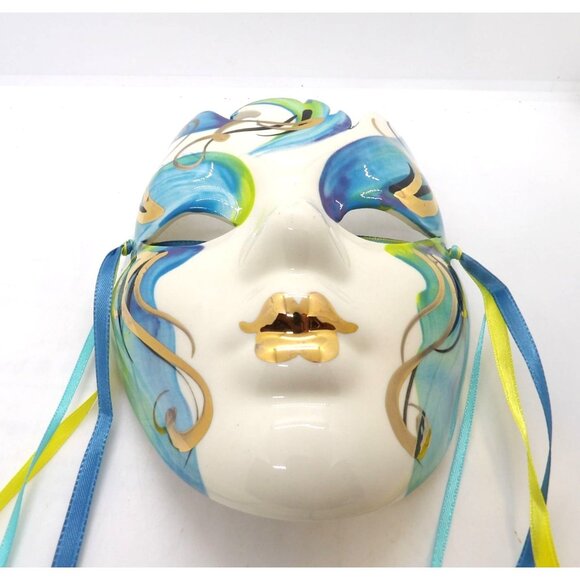 Rings & Clowns Ceramic Full Face Mardi Gras Masks set of Two preowned - Picture 2 of 8